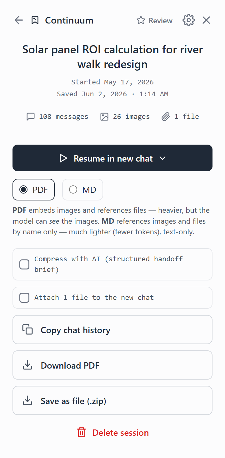Continuum export options: PDF, Markdown, copy chat history, and save as zip