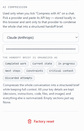 Continuum AI compression panel showing the structured handoff brief sections